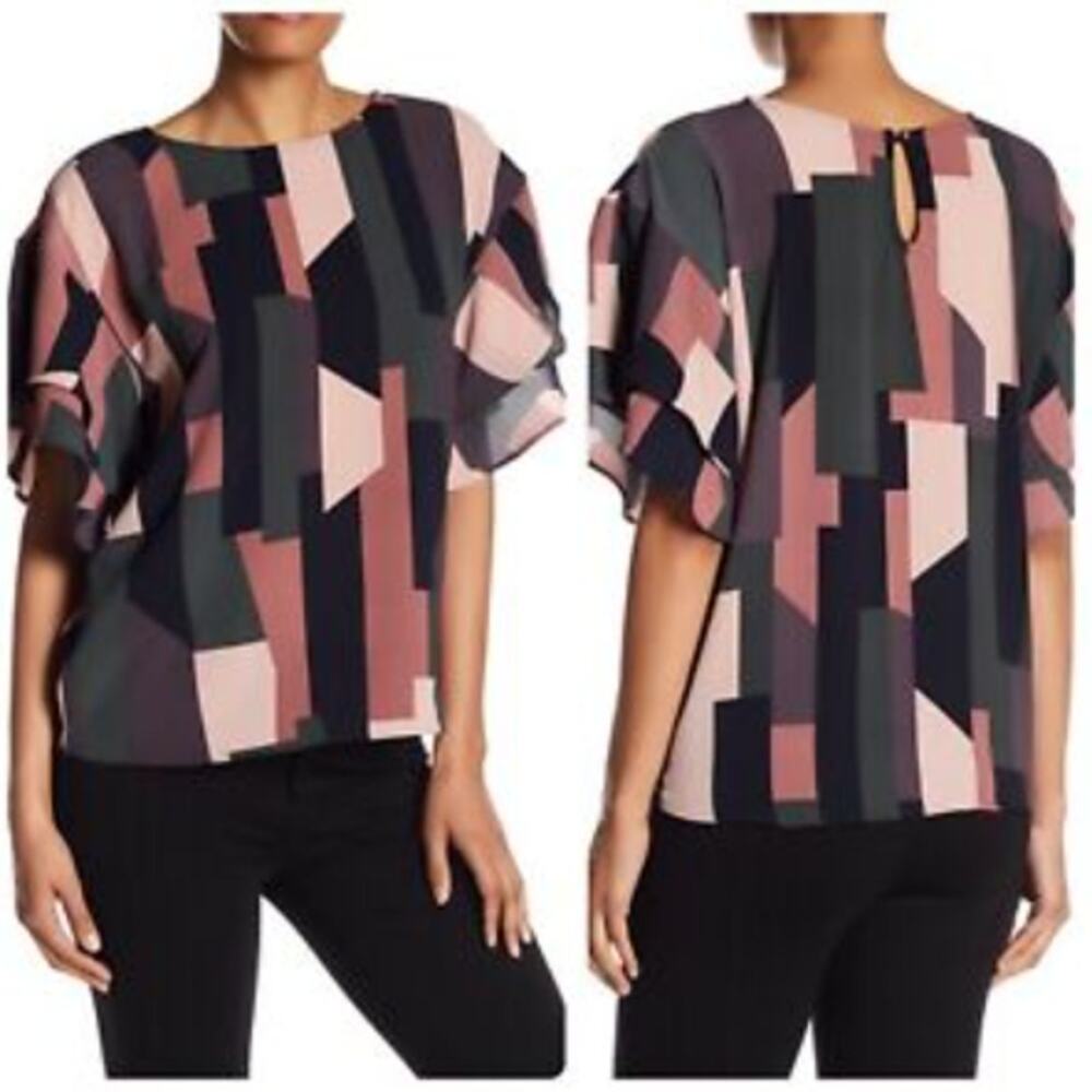Bobeau Multicolor Geometric Abstract Double Ruffle Sleeve Boxy Blouse Size Small